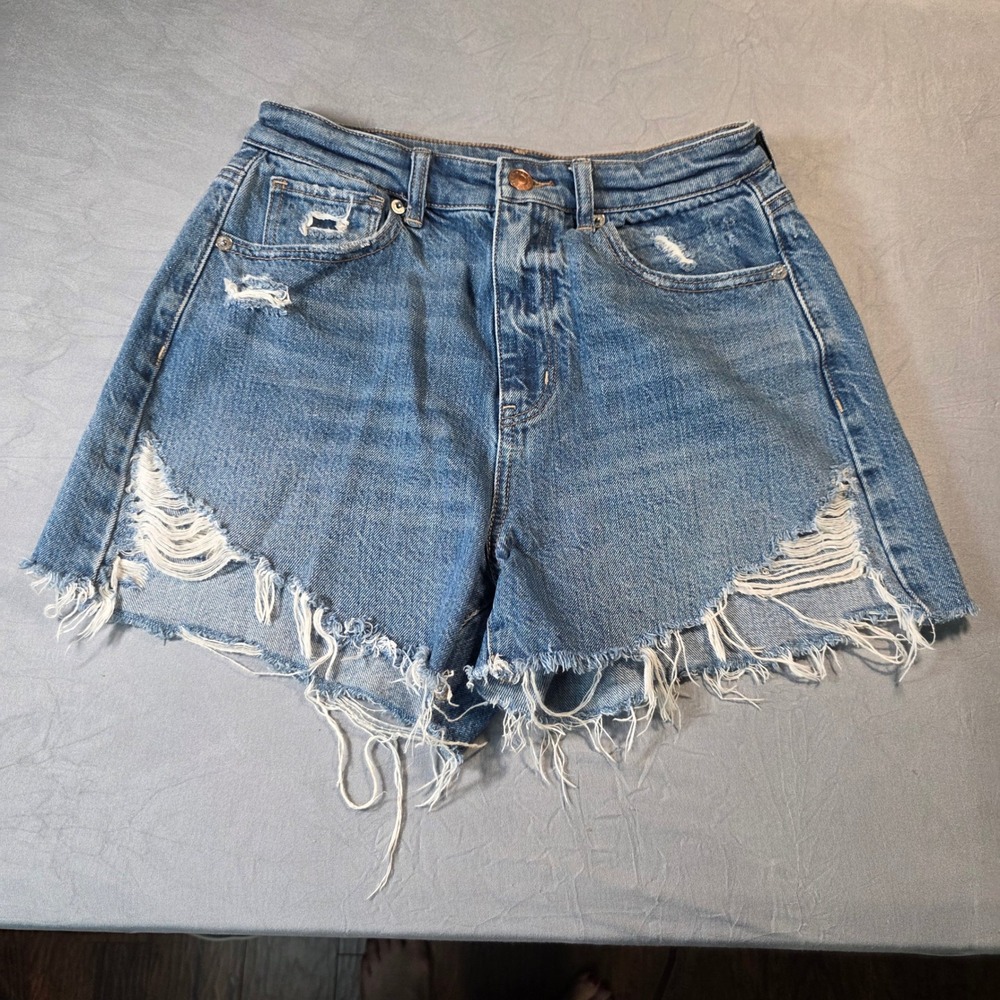 American Eagle Women Distressed High Waisted Denim Shorts Blue Button Fly Size 2